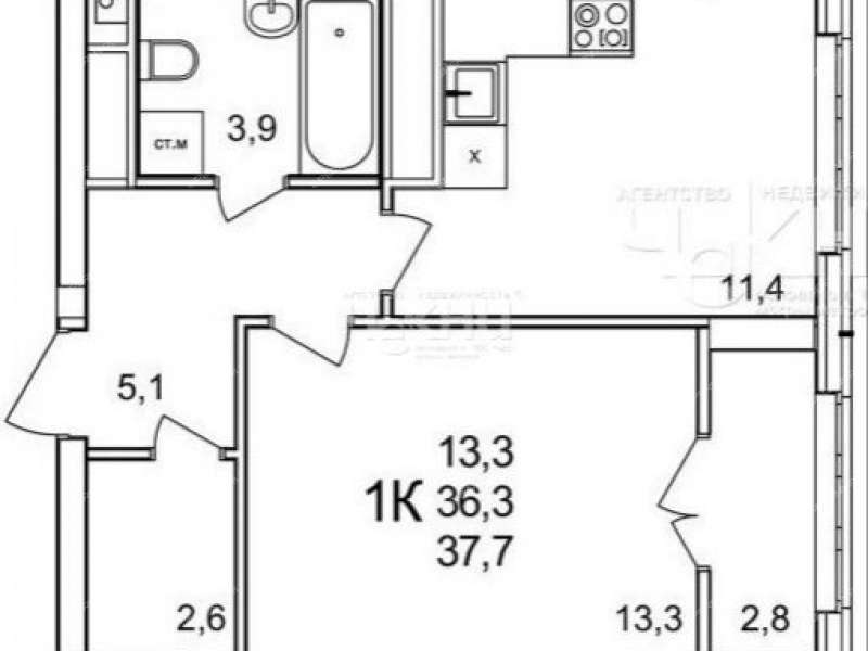 однокомнатная квартира в новостройке примерно в 0,3 км на северо-восток от д.Анкудиновка, д.3 в ЖК КМ Анкудиновский парк деревня Анкудиновка