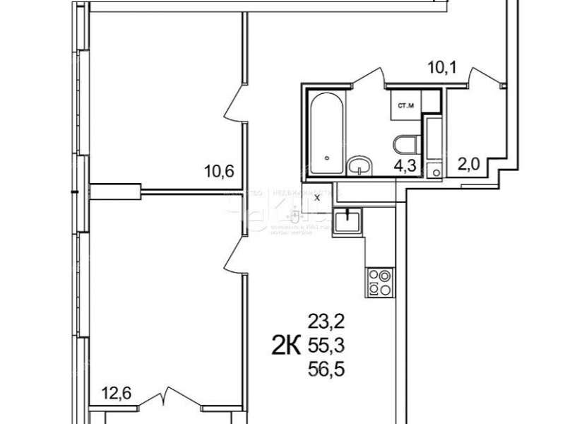 двухкомнатная квартира примерно в 0,3 км на северо-восток от д.Анкудиновка, д.3 в ЖК КМ Анкудиновский парк, 50 деревня Анкудиновка